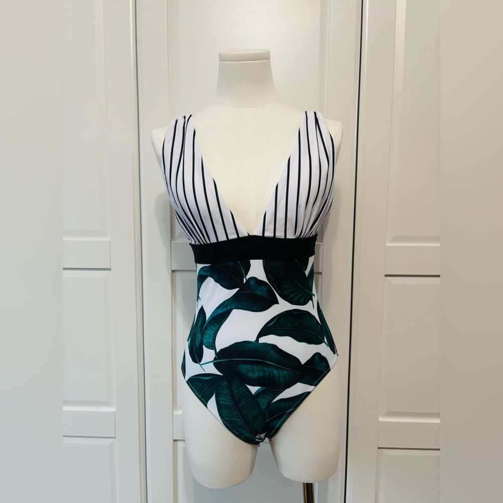 Classic Green Leaf Print One-Piece Swimsuit with Black-Trim in Sizes S, M, L